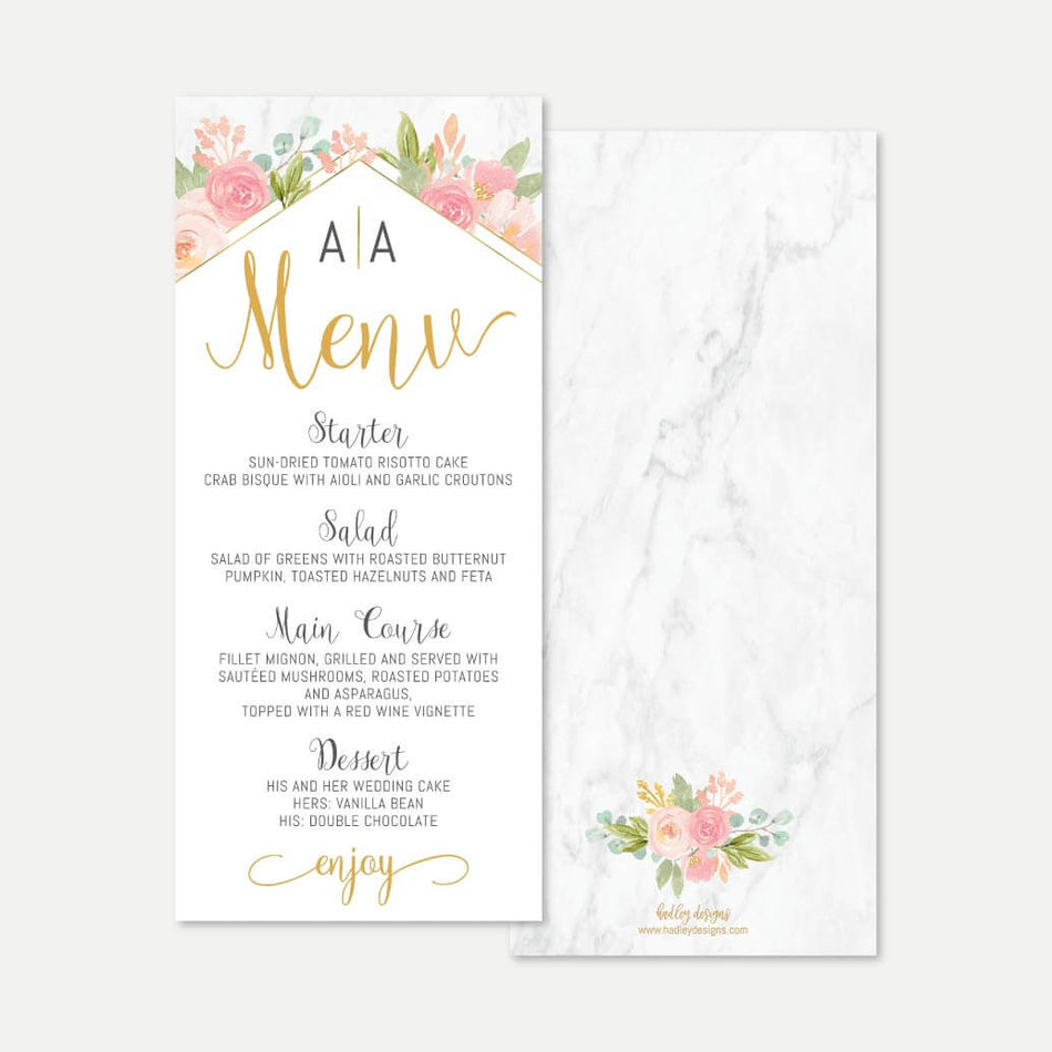 Diamond Marble Blush Floral Wedding Menu Printable Template
