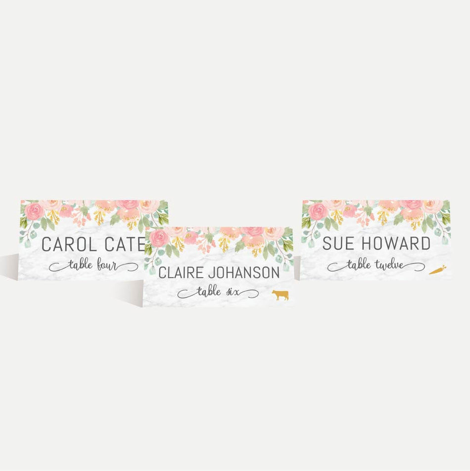 Diamond Marble Blush Floral Wedding Place Cards Printable Template