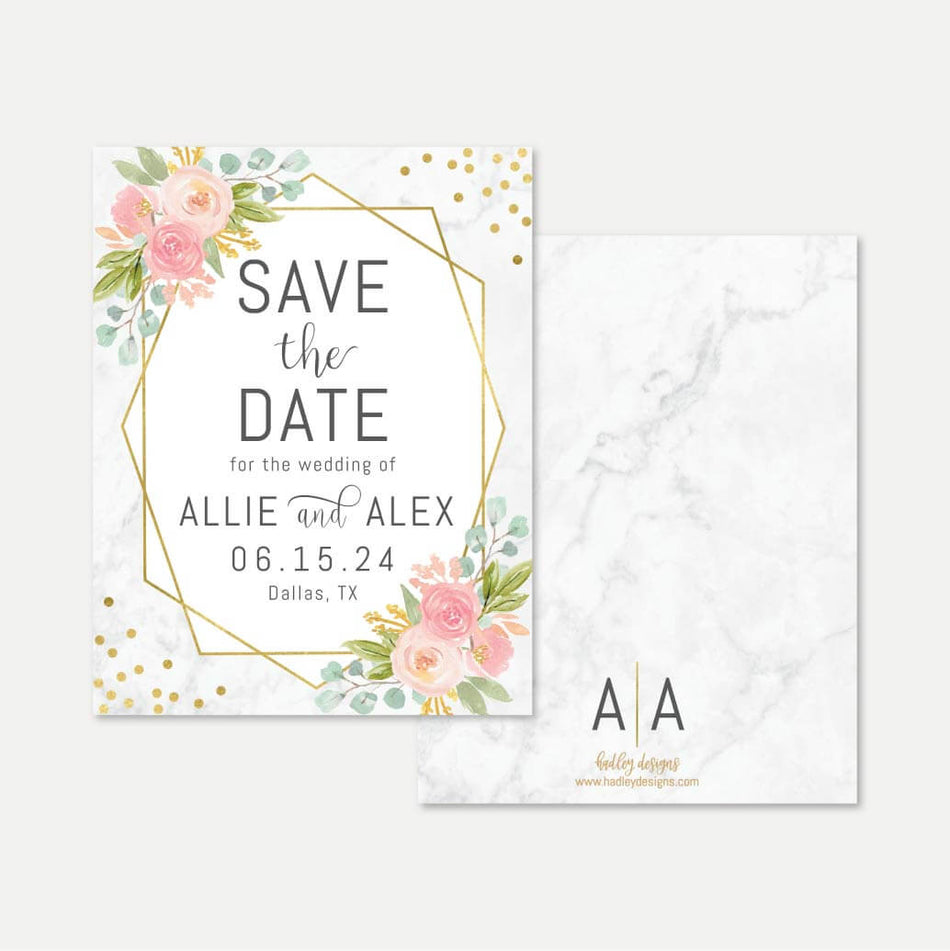 Diamond Marble Blush Floral Wedding Save The Date Printable Template
