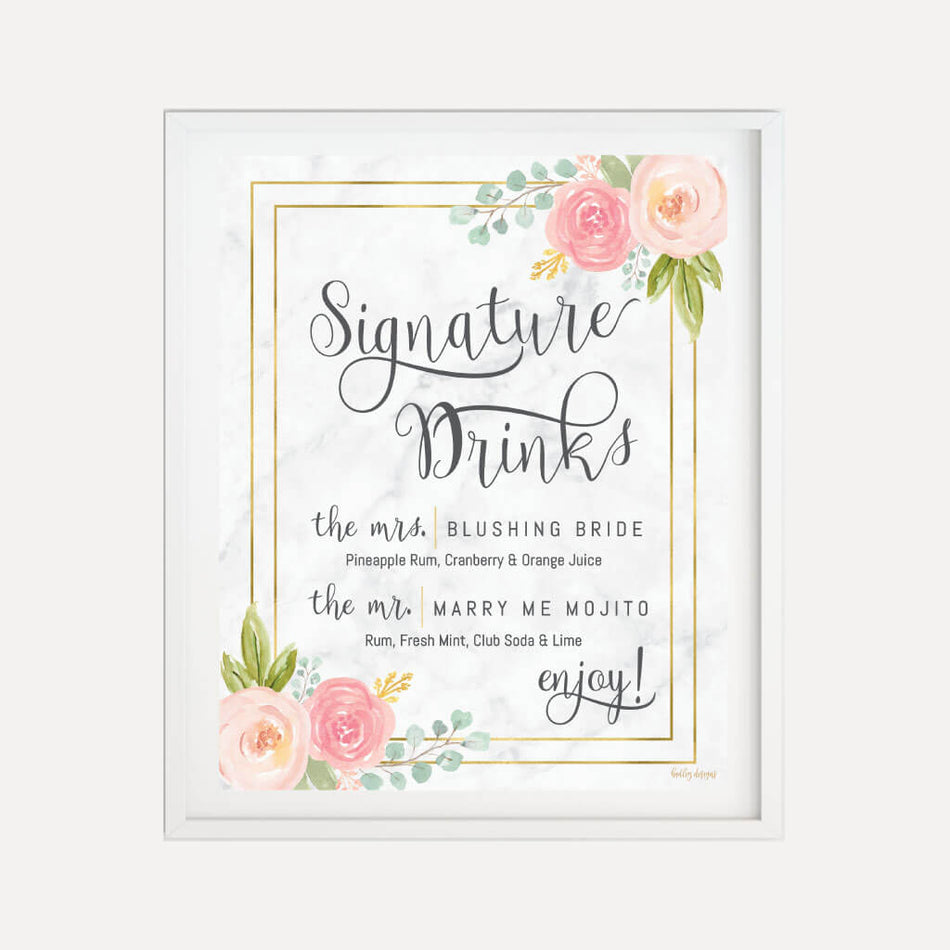 Diamond Marble Blush Floral Wedding Bar Drinks Sign Printable Template