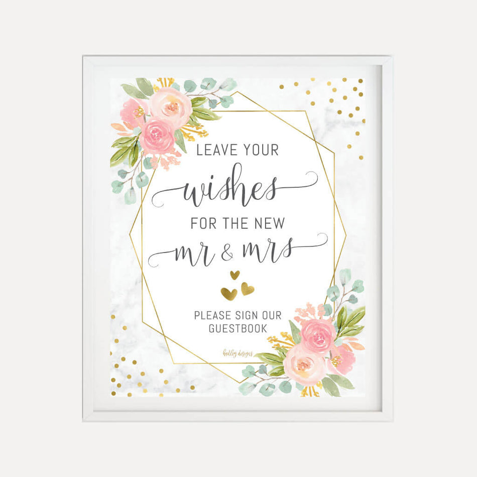 Diamond Marble Blush Floral Wedding Guestbook Sign Printable Template