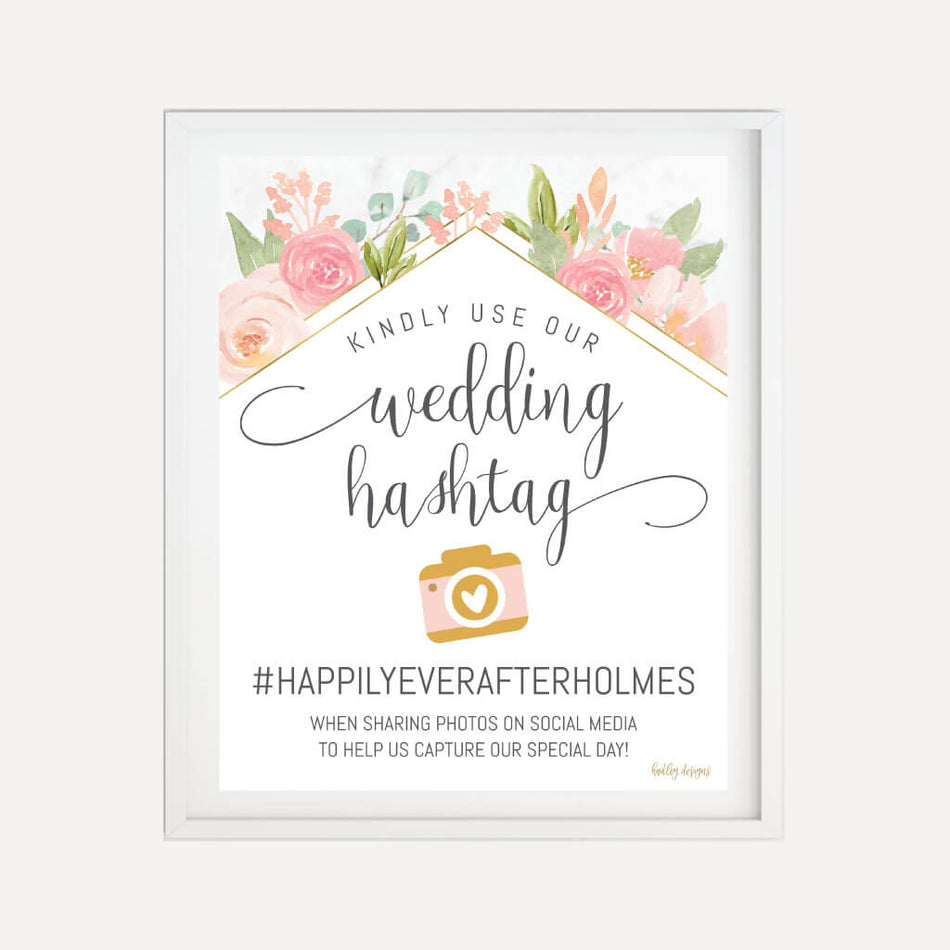 Diamond Marble Blush Floral Wedding Hashtag Sign Printable Template