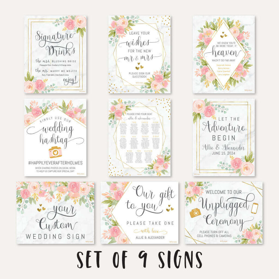 Diamond Marble Blush Floral Wedding Sign Set Printable Template