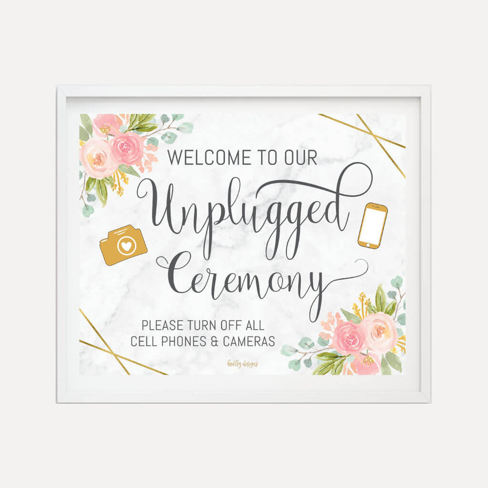 Diamond Marble Blush Floral Wedding Unplugged Ceremony Sign Printable Template