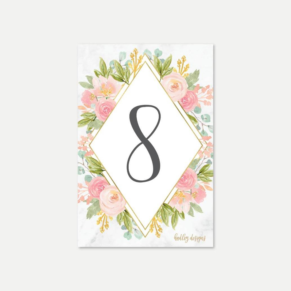Diamond Marble Blush Floral Wedding Table Numbers Printable Template