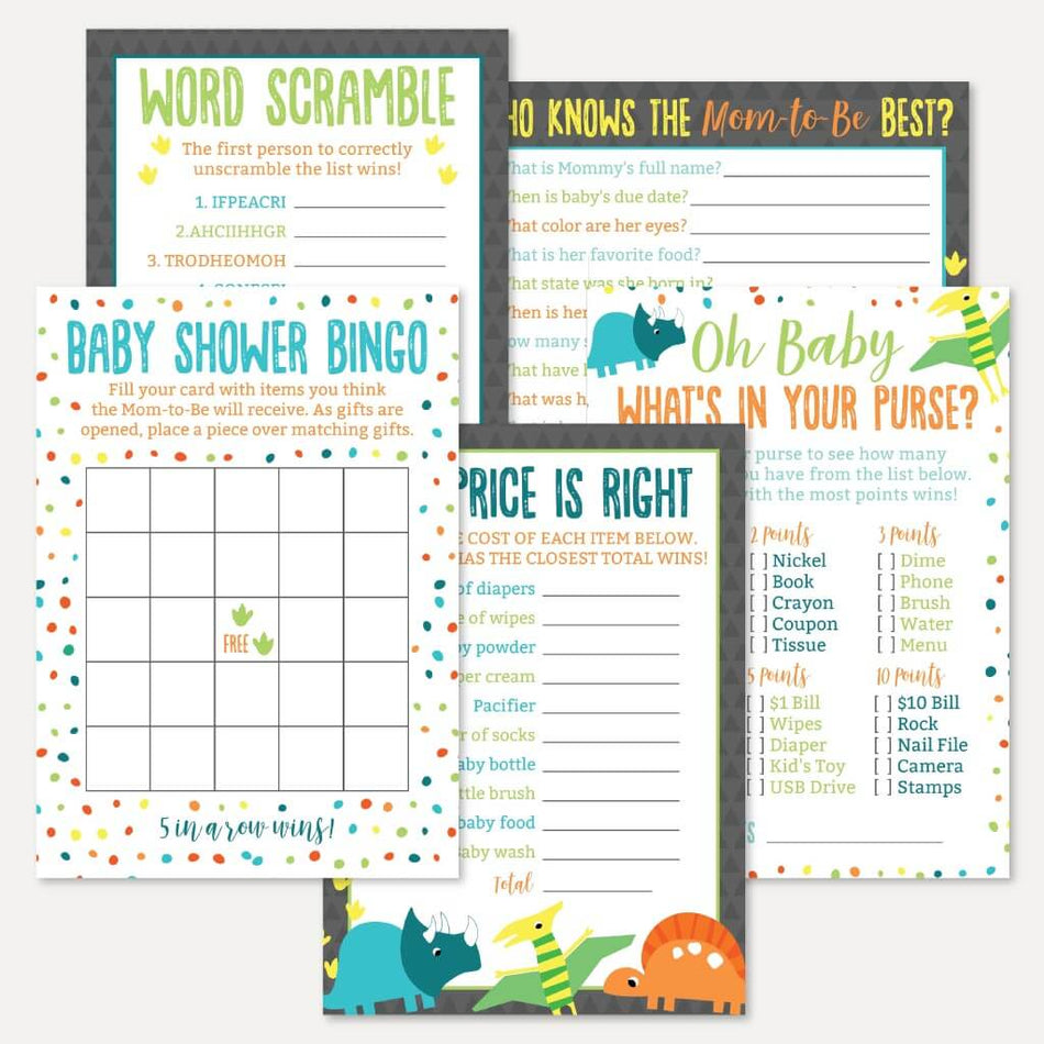 Dino Baby Shower Games Set Printable Template