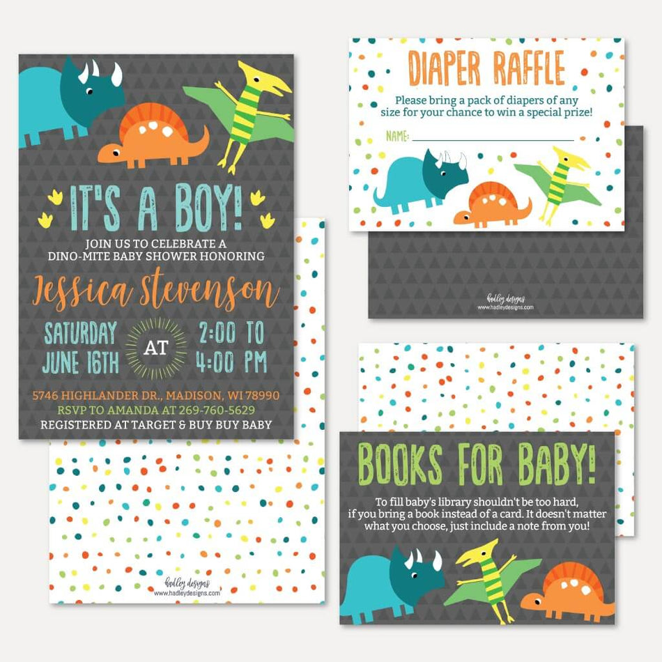 Dino Baby Shower Invitation Suite Printable Template