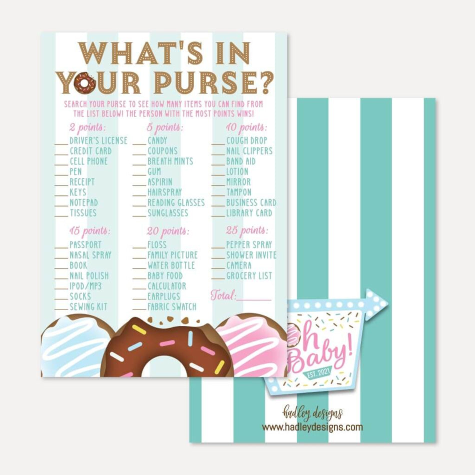 Donut Diner Baby Shower What's In Your Purse Game Printable Template
