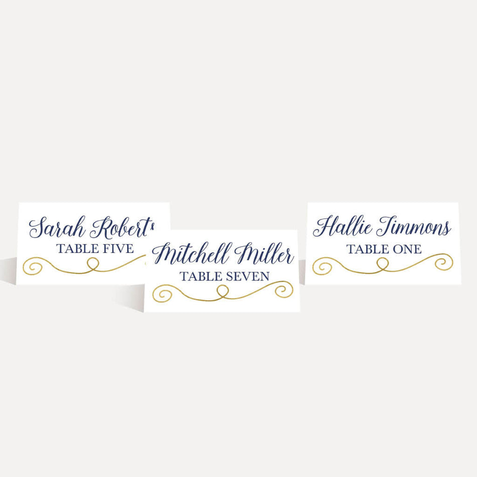 Elegant Navy Gold Border Wedding Place Cards Printable Template