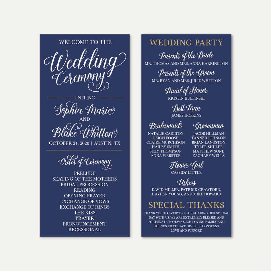 Elegant Navy Gold Border Wedding Program Printable Template