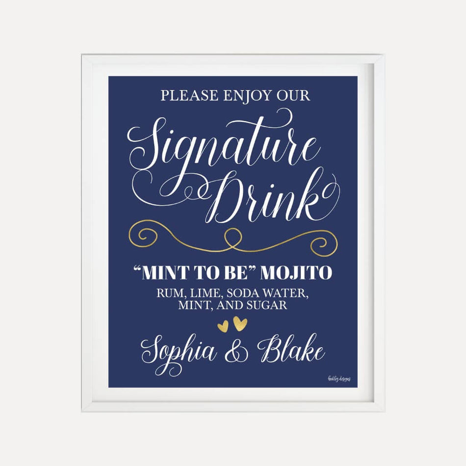 Elegant Navy Gold Border Wedding Bar Drinks Sign Printable Template
