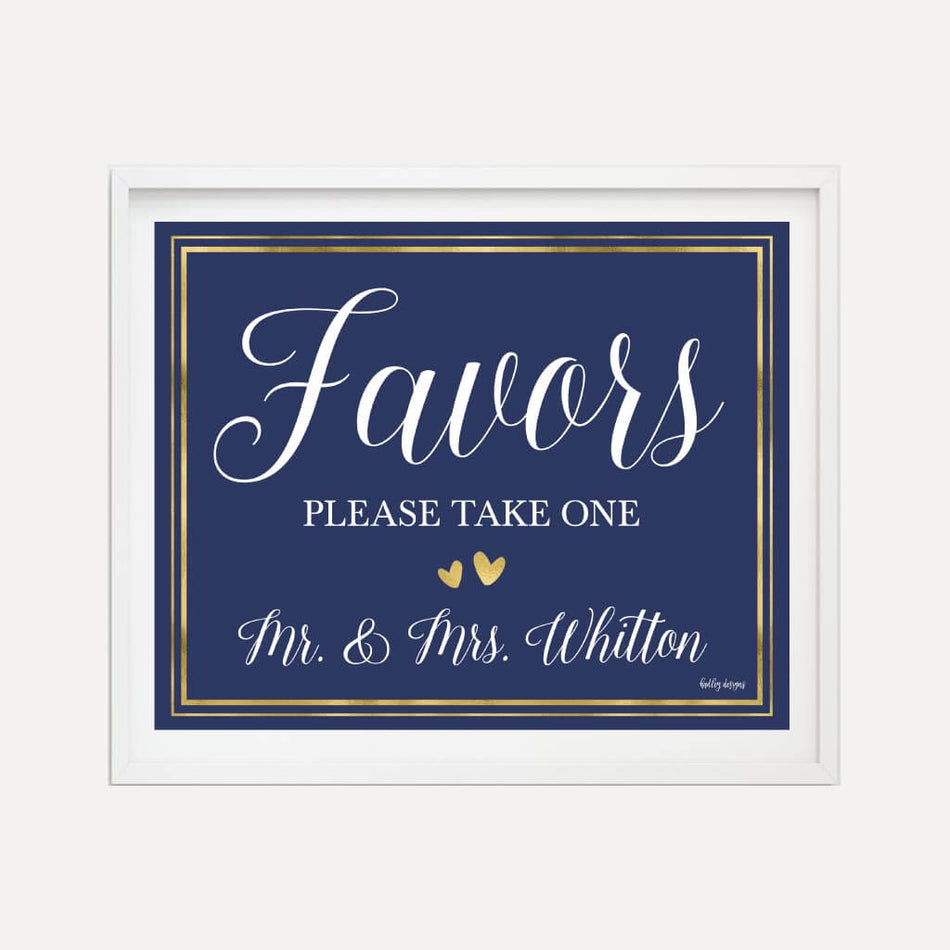 Elegant Navy Gold Border Wedding Favors Sign Printable Template