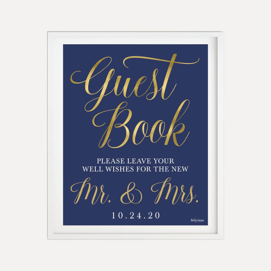 Elegant Navy Gold Border Wedding Guestbook Sign Printable Template