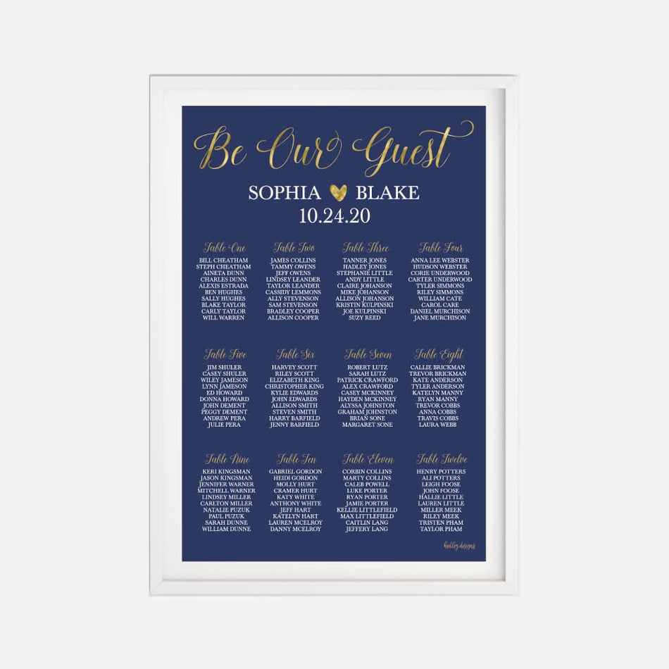 Elegant Navy Gold Border Wedding Seating Chart Sign Printable Template