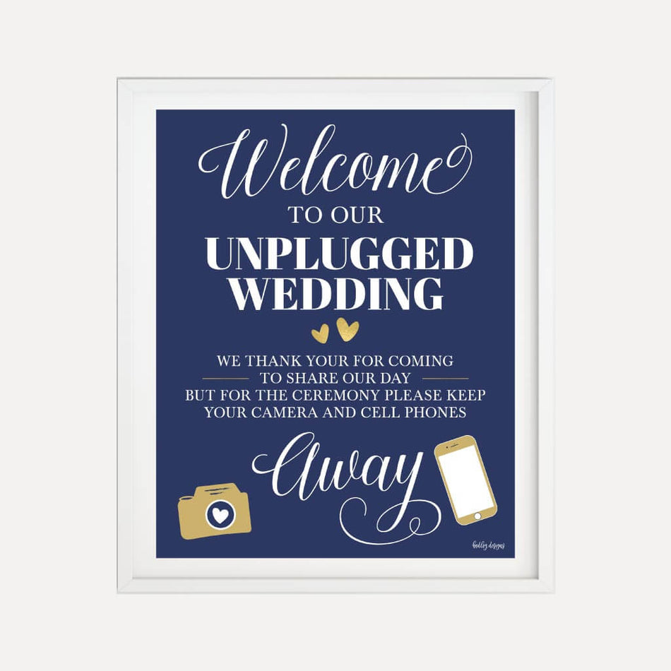 Elegant Navy Gold Border Wedding Unplugged Ceremony Sign Printable Template
