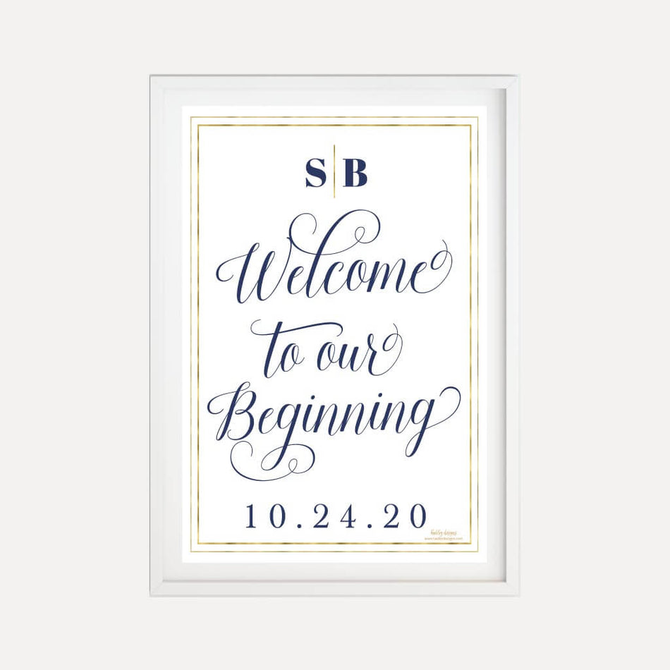 Elegant Navy Gold Border Wedding Welcome Sign Printable Template