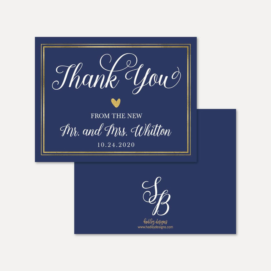 Elegant Navy Gold Border Wedding Thank You Card Printable Template