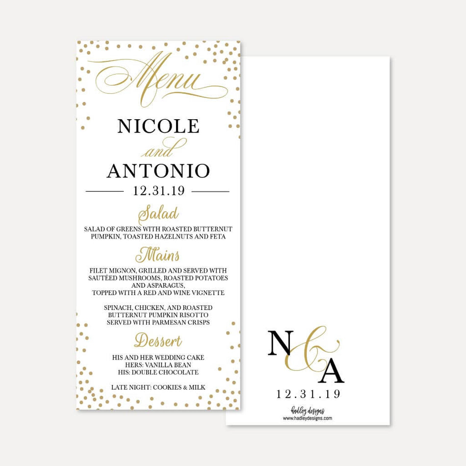 Elegant New Years Eve Wedding Menu Printable Template