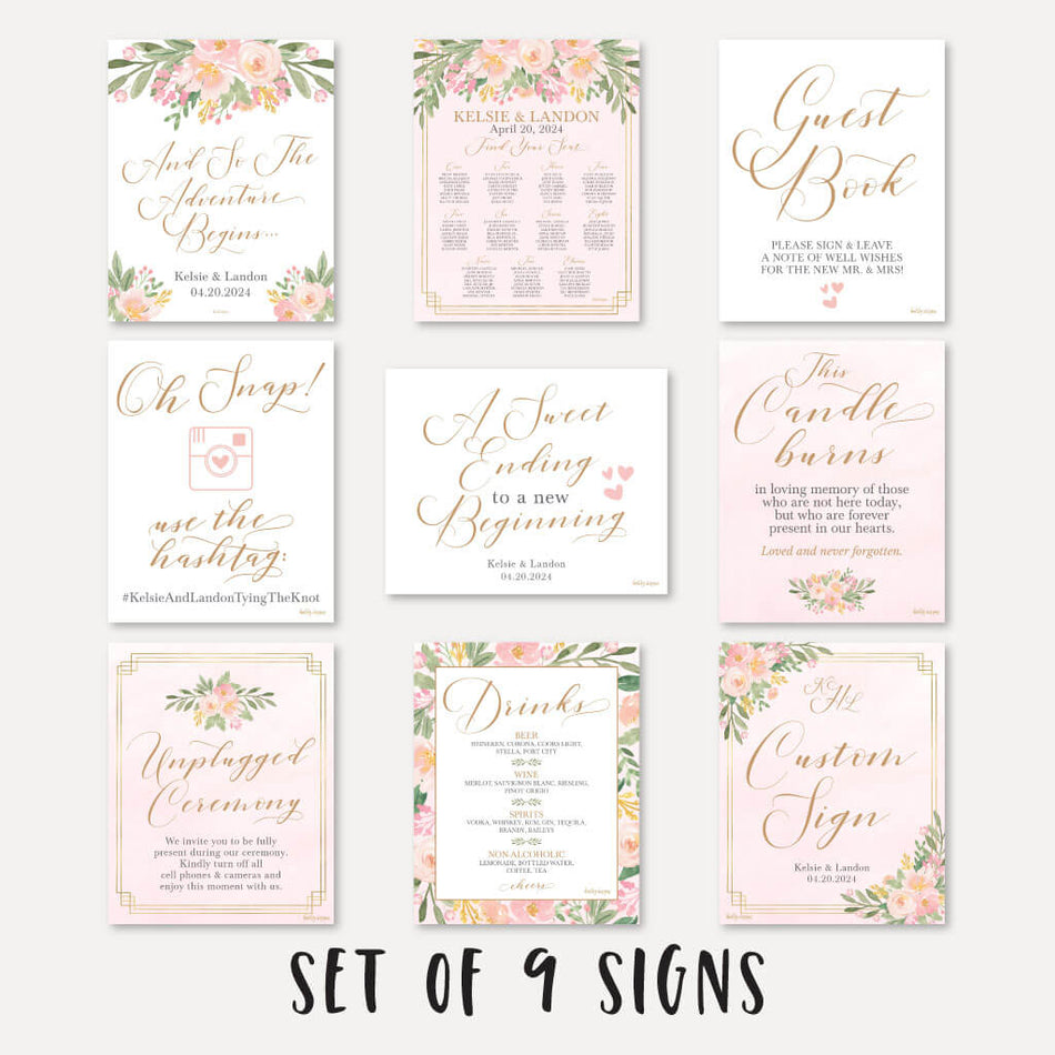 Elegant Pink Gold Floral Wedding Sign Set Printable Template