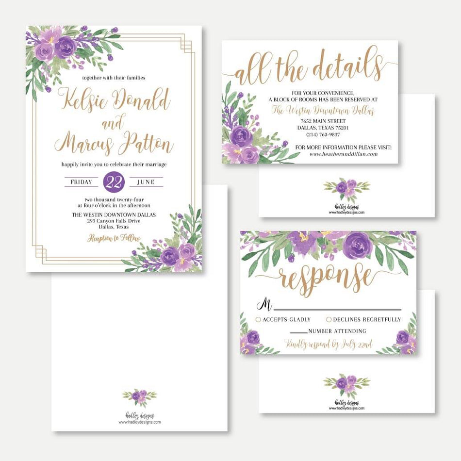 Elegant Purple Floral Wedding Invitation Suite Printable Template