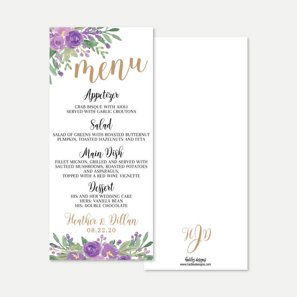 Elegant Purple Floral Wedding Menu Printable Template