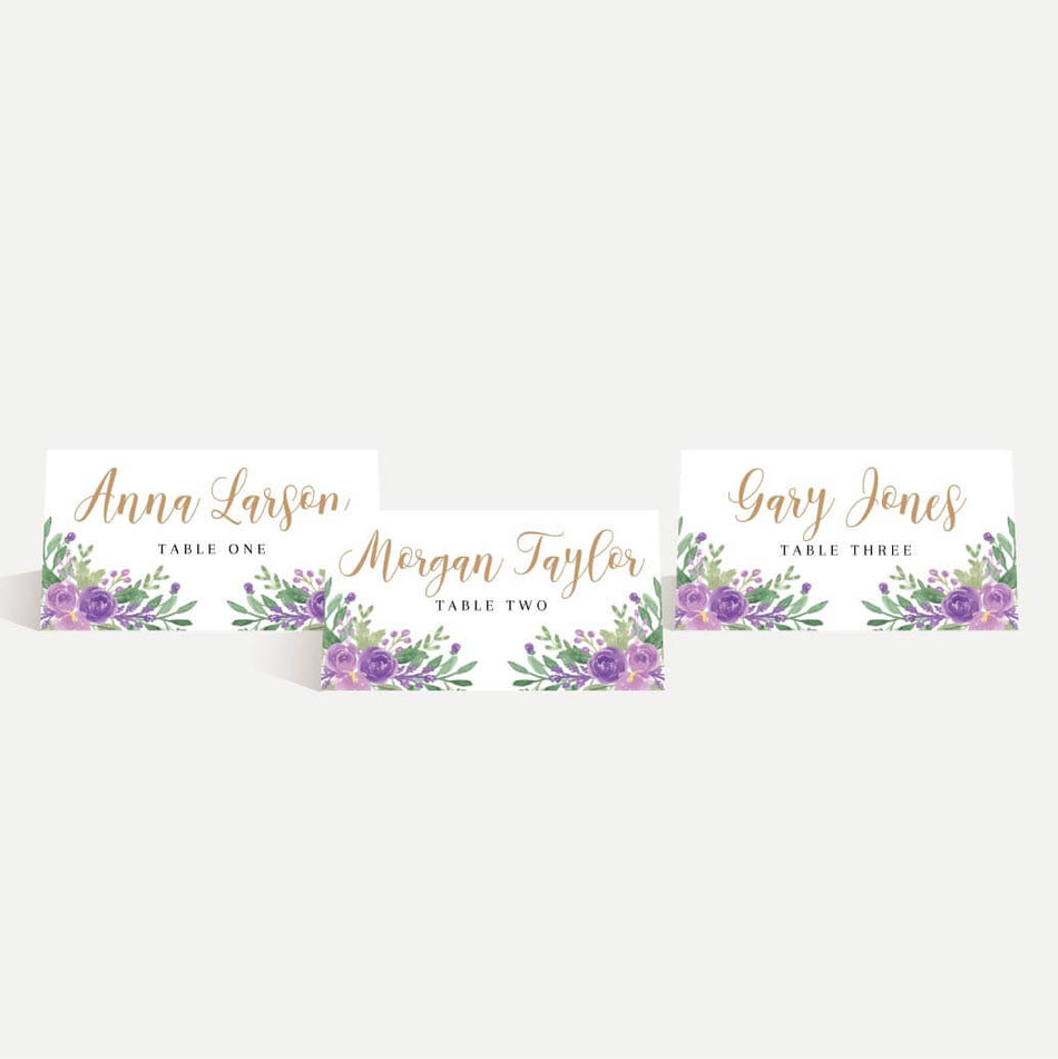 Elegant Purple Floral Wedding Place Cards Printable Template