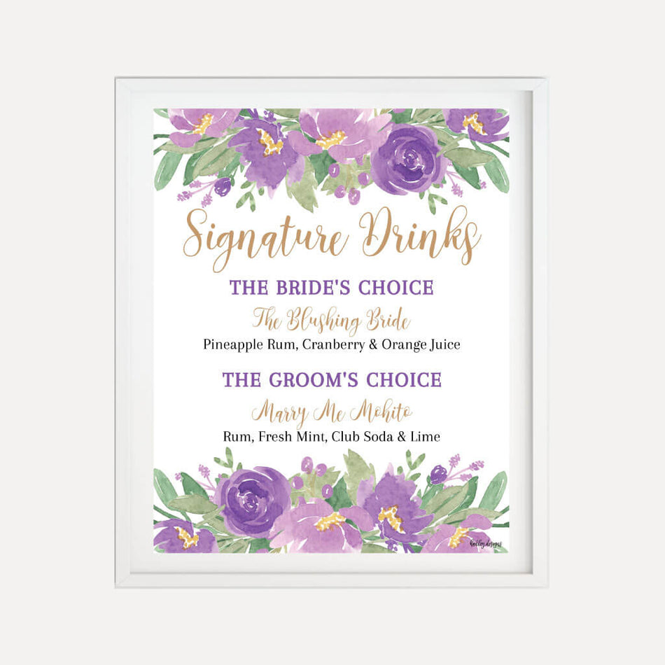 Elegant Purple Floral Wedding Bar Drinks Sign Printable Template