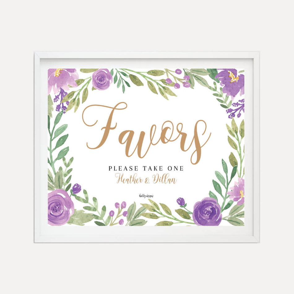 Elegant Purple Floral Wedding Favors Sign Printable Template