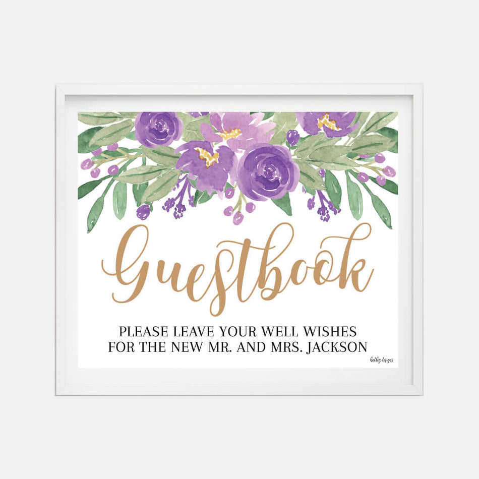 Elegant Purple Floral Wedding Guestbook Sign Printable Template
