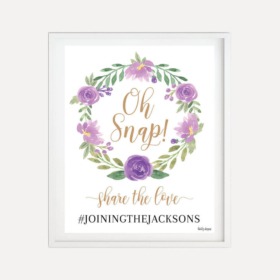 Elegant Purple Floral Wedding Hashtag Sign Printable Template