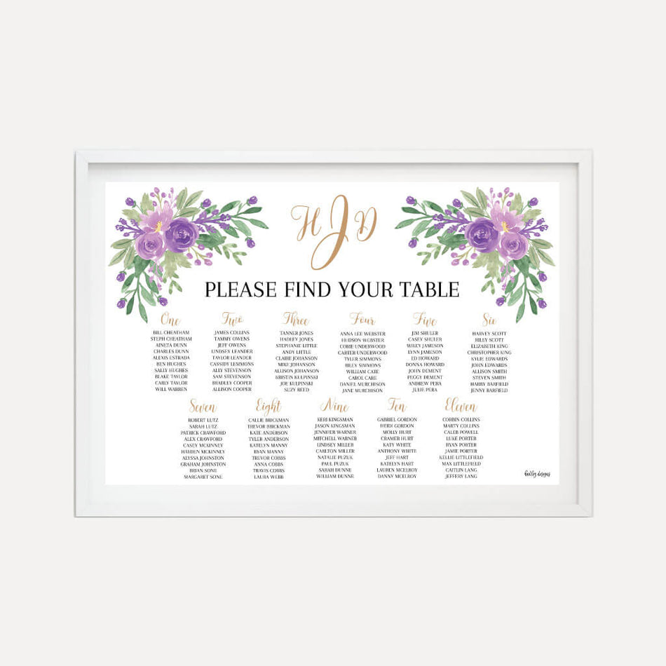 Elegant Purple Floral Wedding Seating Chart Sign Printable Template