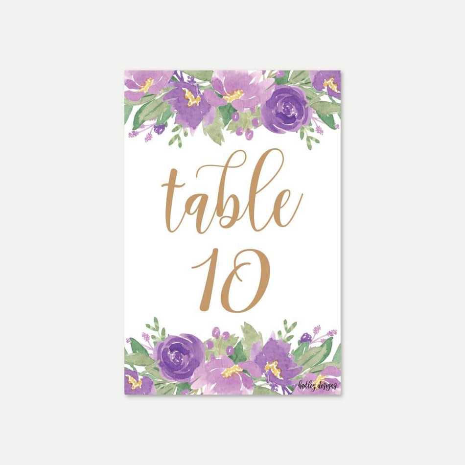 Elegant Purple Floral Wedding Table Numbers Printable Template