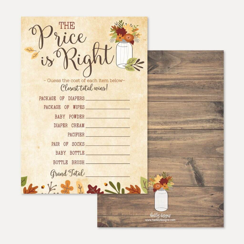 Fall Rustic Baby Shower Price is Right Game Printable Template