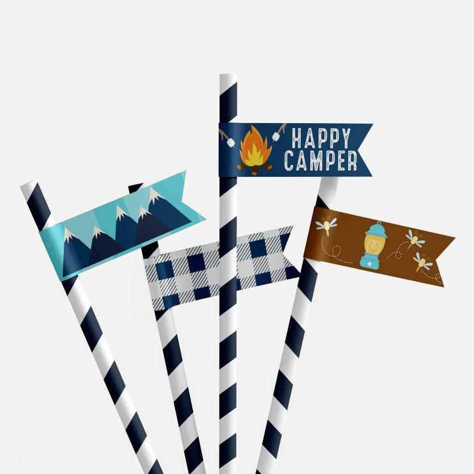 Printable Camping Party Straw Flags Template | Hadley Designs - Printables