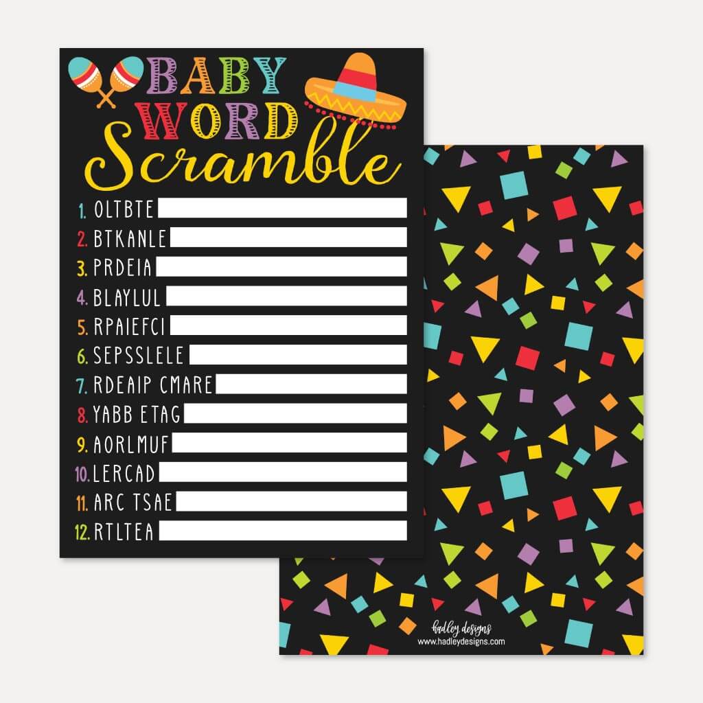 Printable Fiesta Baby Shower Word Scramble Game Template | Hadley Designs