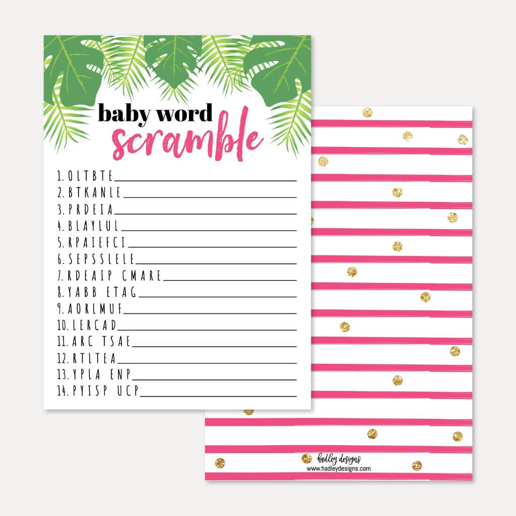 Printable Flamingo Baby Shower Word Scramble Game Template | Hadley Designs