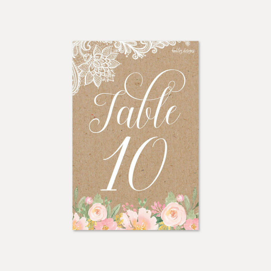 Floral Kraft Lace Rustic Wedding Table Numbers Printable Template