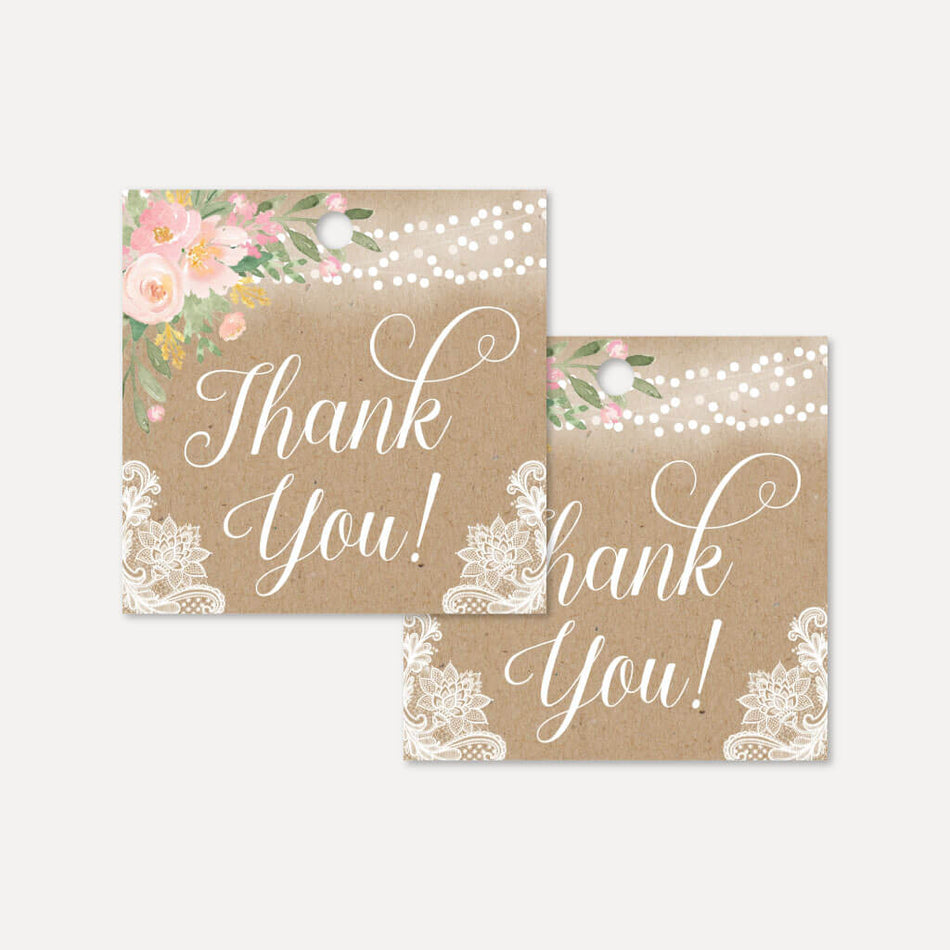 Printable Floral Kraft Lace Rustic Wedding Thank You Favor Tags ...