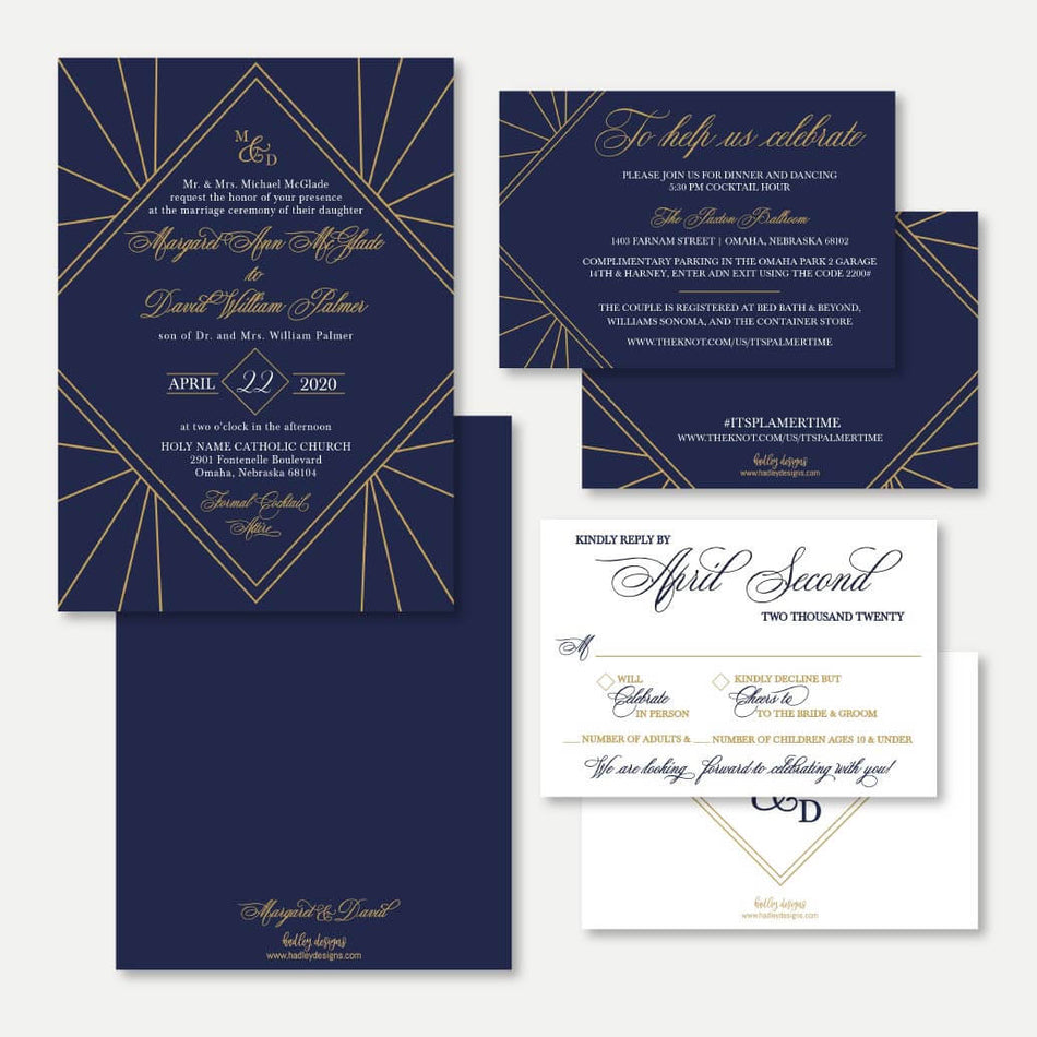 Gatsby Navy Wedding Invitation Suite Printable Template