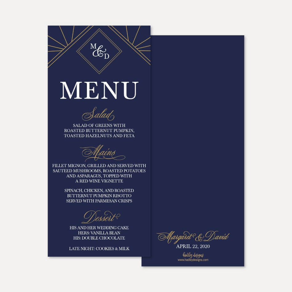 Gatsby Navy Wedding Menu Printable Template