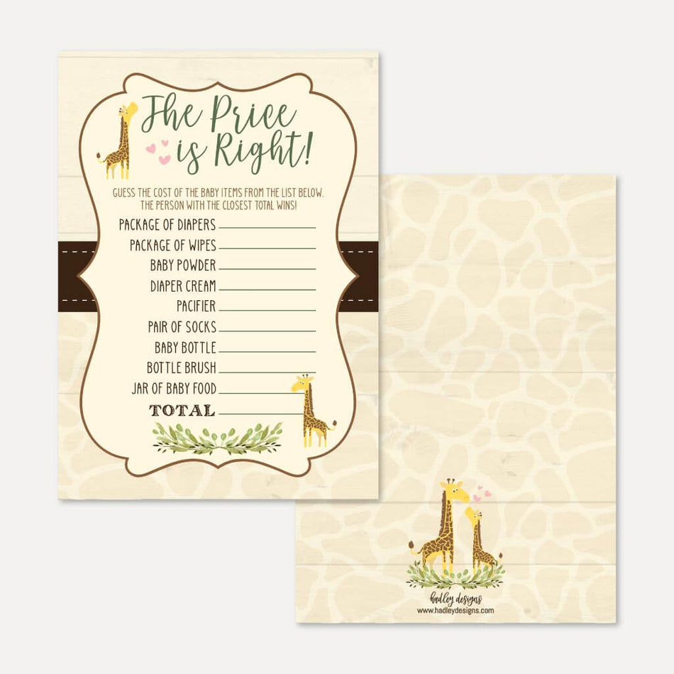 Giraffe Baby Shower Price is Right Game Printable Template
