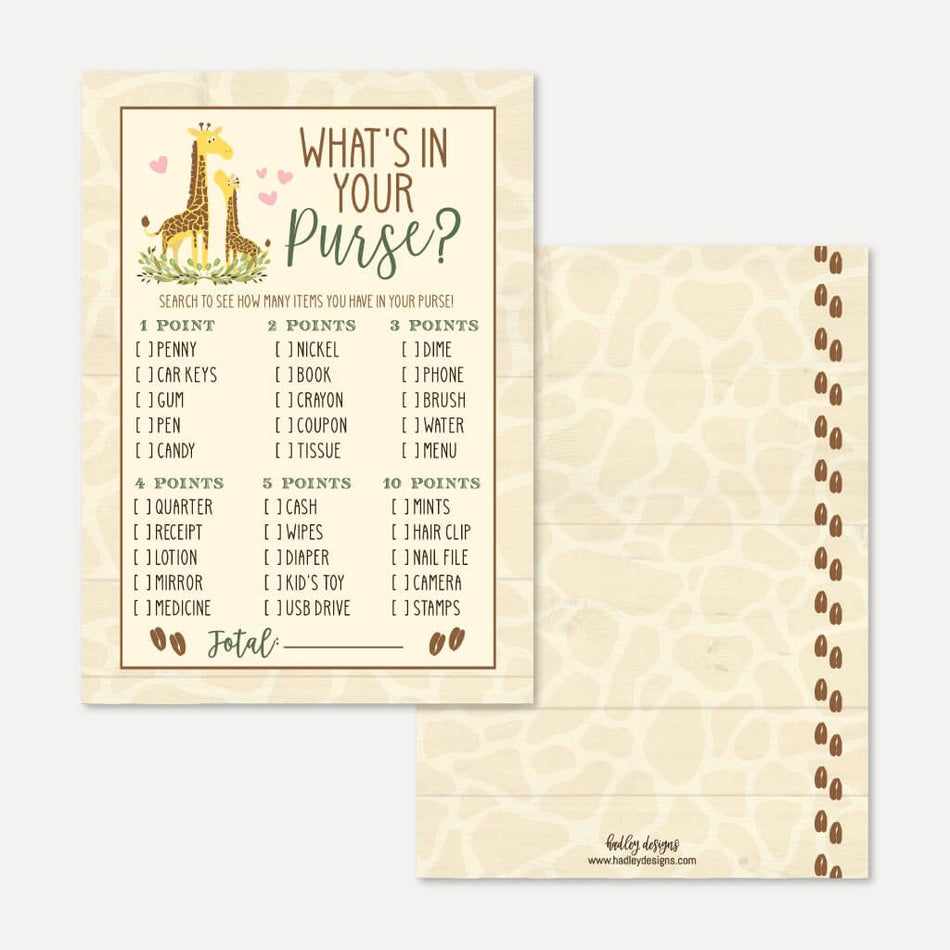 Giraffe Baby Shower What's In Your Purse Game Printable Template