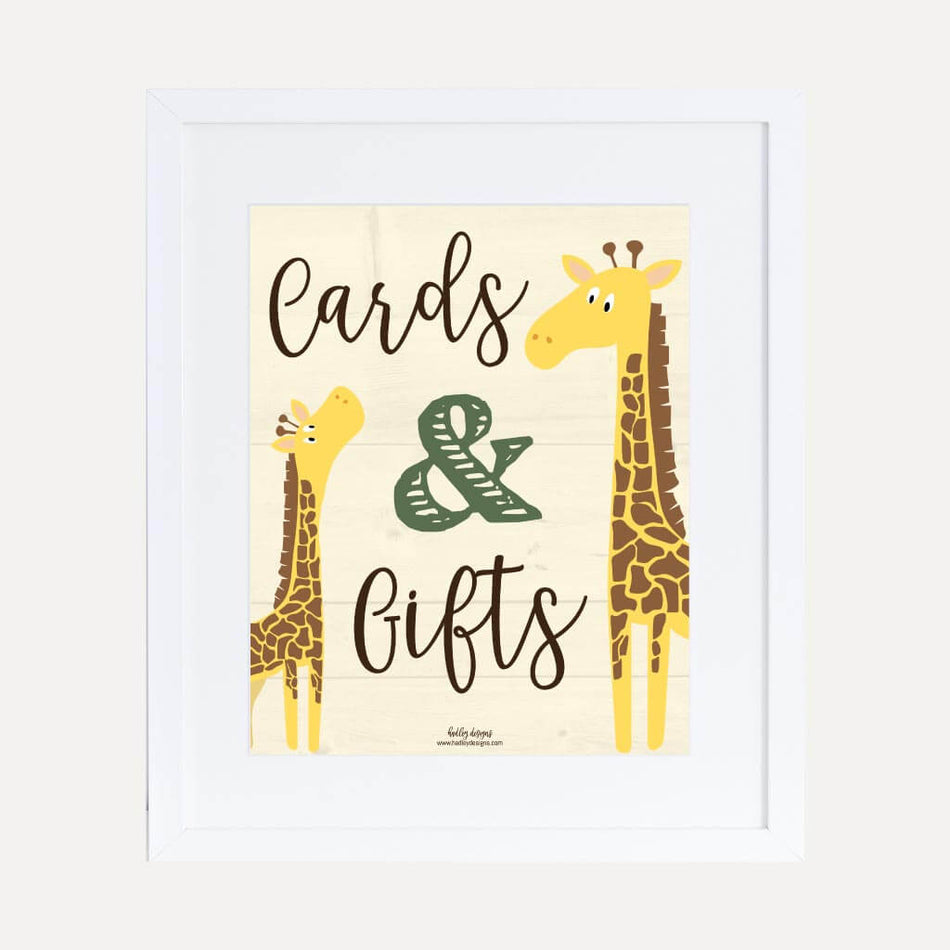 Giraffe Baby Shower Cards and Gifts Sign Printable Template