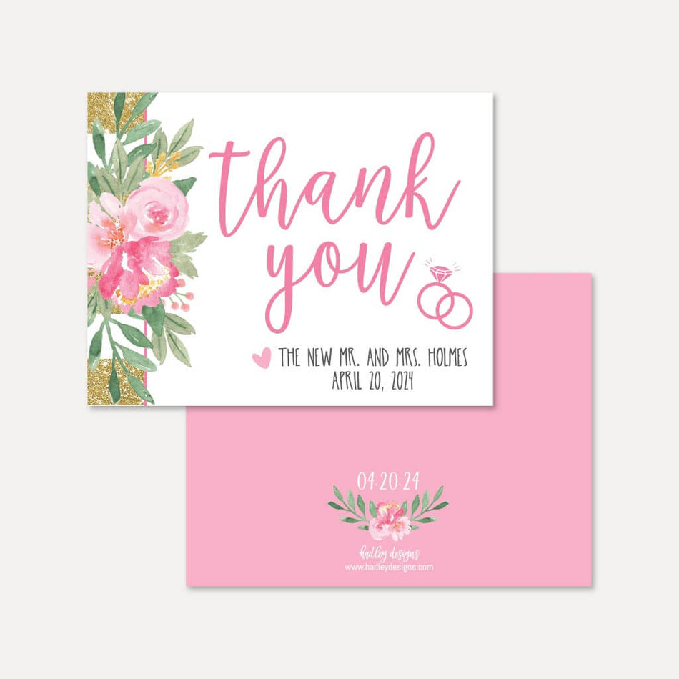 Printable Gold Glitter Striped Blush Floral Wedding Thank You Card ...