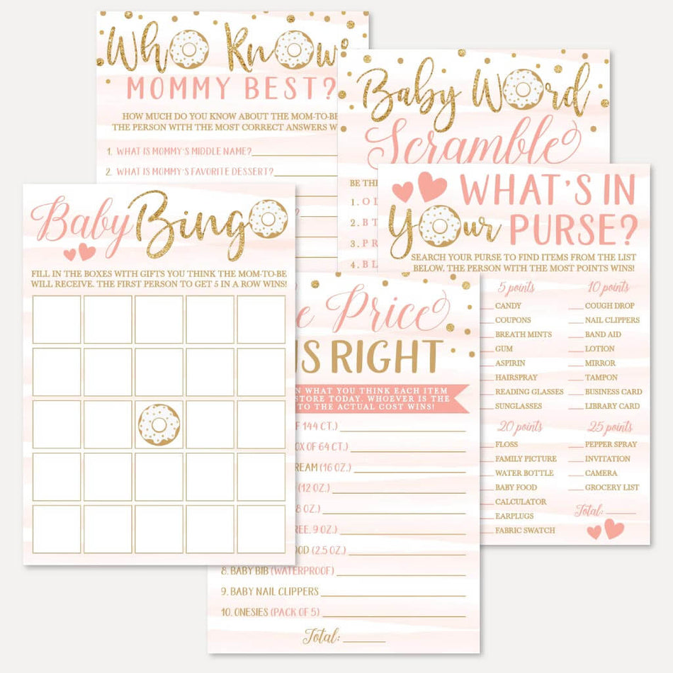 Pink Donut Baby Shower Games Set Printable Template