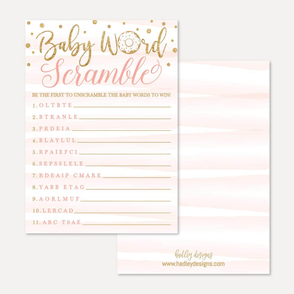 Pink Donut Baby Shower Word Scramble Game Printable Template