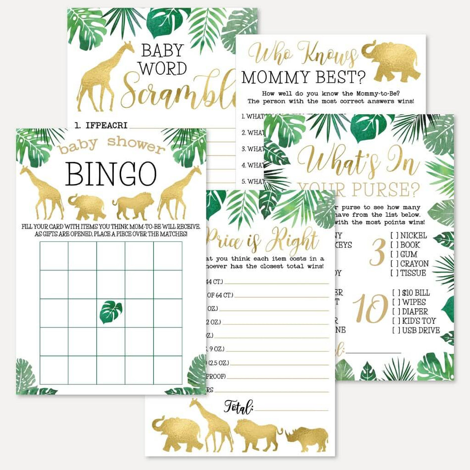 Gold Safari Baby Shower Games Set Printable Template