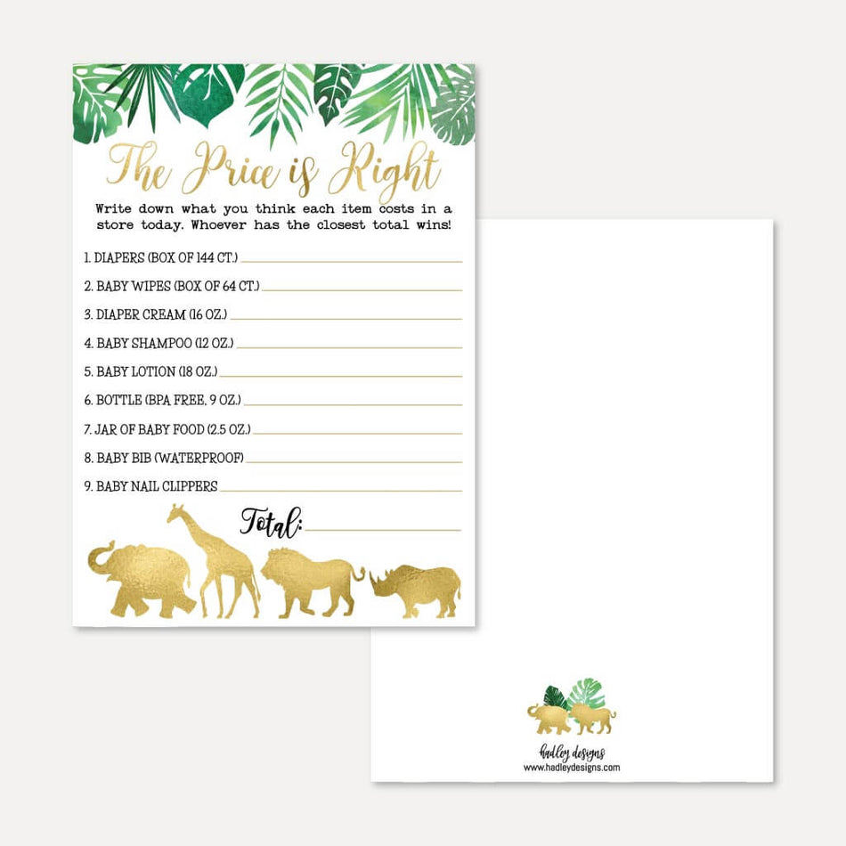Gold Safari Baby Shower Price is Right Game Printable Template
