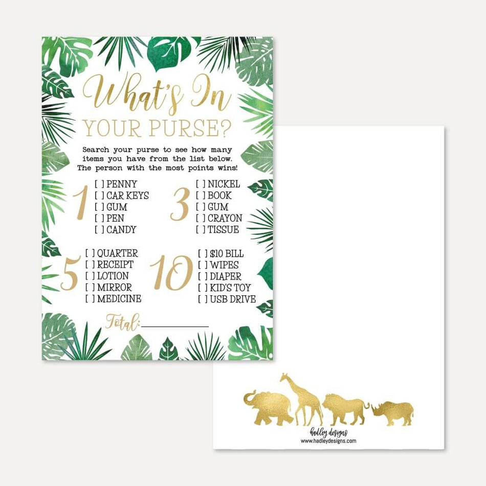 Gold Safari Baby Shower What's In Your Purse Game Printable Template