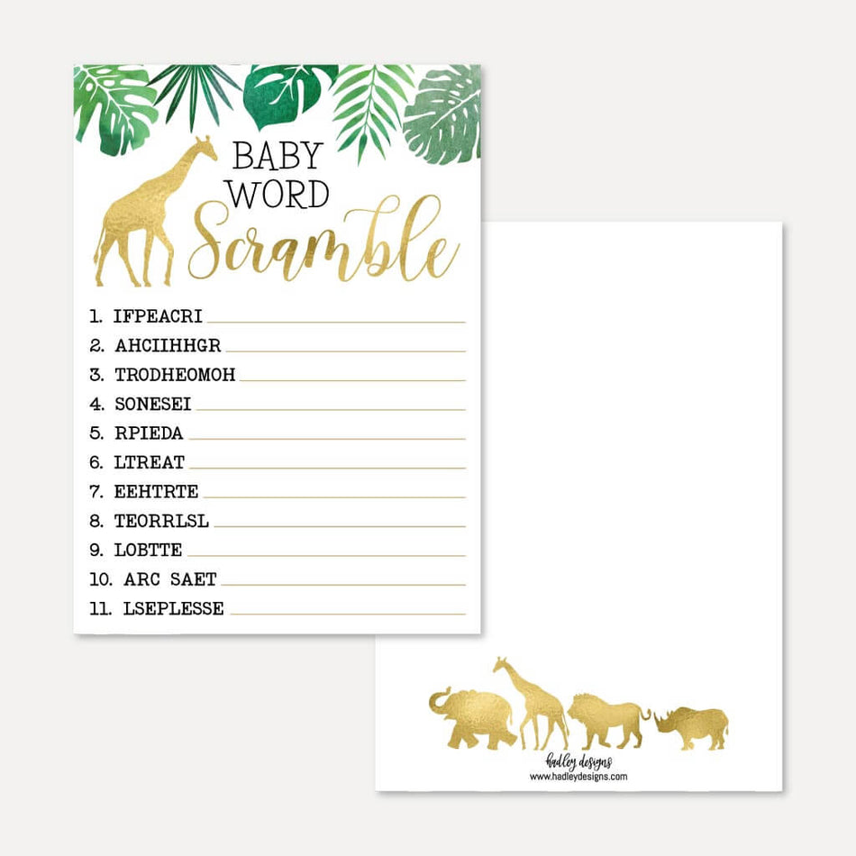 Gold Safari Baby Shower Word Scramble Game Printable Template